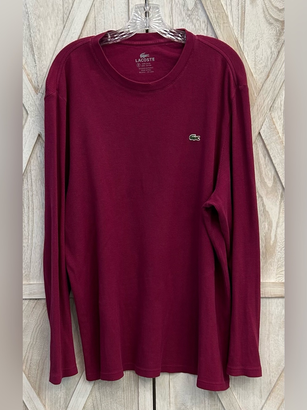 Lacoste Men's Size 8 XXL Waffle-Knit Thermal Long Sleeve Cotton Shirt Burgundy